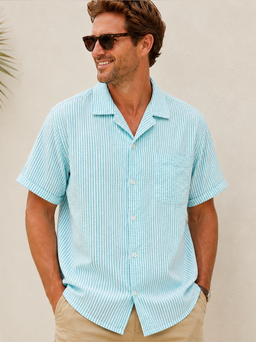 Men’s Seersucker Camp Shirt Aqua White Stripe 100% Cotton XXL